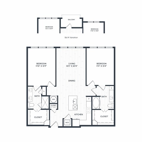 Floor plan for 2 beds, 2 baths, 1111 sqft
